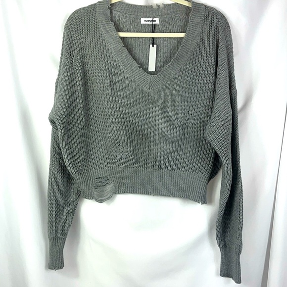 NWT Rumored distressed oversized slouchy cropped popover vneck sweater Sz S - Picture 4 of 9